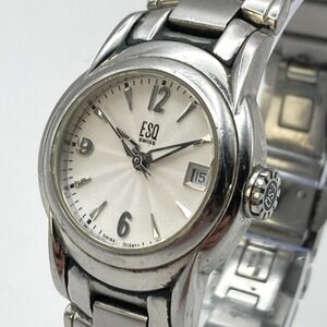 ESQ Swiss Women's Watch 25mm Silver Tone Date White Dial E5289 New Battery 6.25"